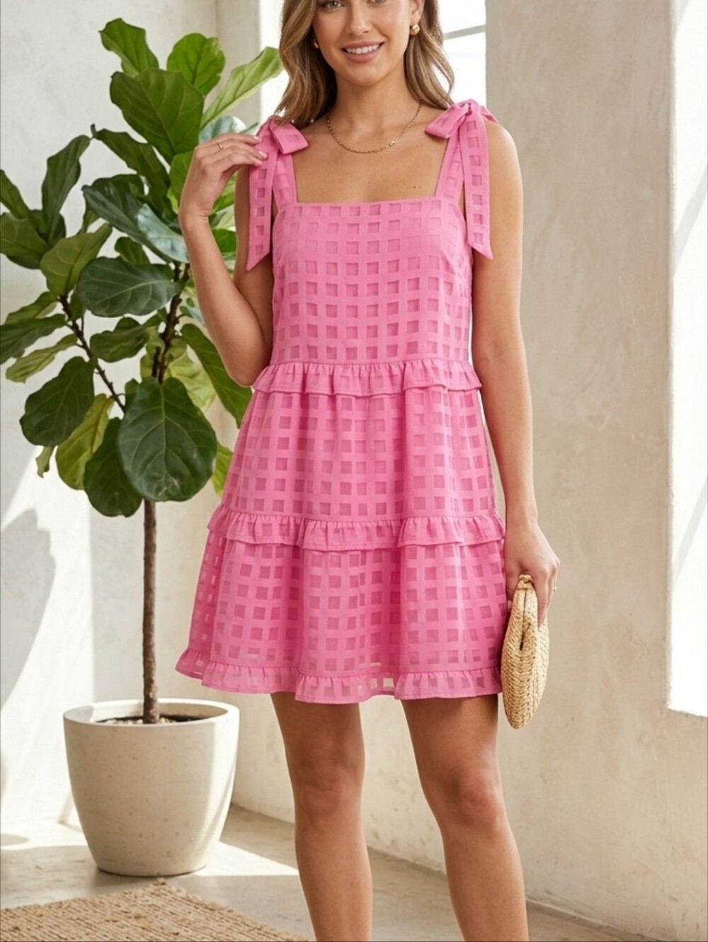 ENTRO HOT PINK ORGANZA LINED SHEER BABYDOLL SILHOUETTE SHOULDER TIES DRESS LRG